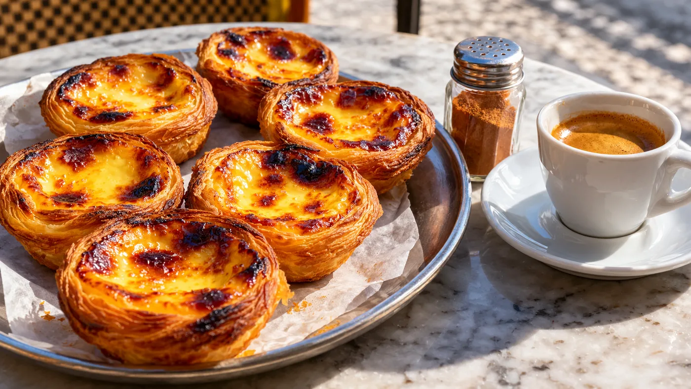 Tabuleiro de pastéis de nata com a superfície estalada, um polvilhador de canela e um bica em cima de uma mesa de mármore de café